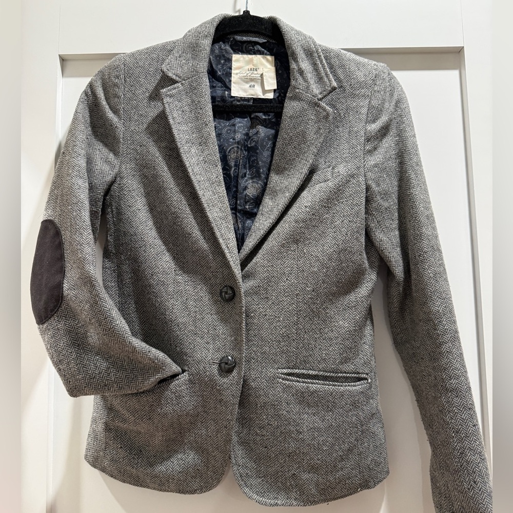 H&M Gray Herringbone Wool Blazer Elbow Patch Jacket